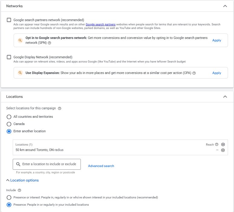 Google Ads location options set to Presence for a local home service campaign and network settings with Search Partners and Display Network turned off.