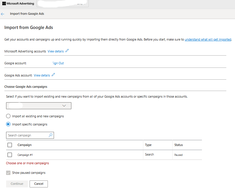 Microsoft Advertising import from Google Ads screen.