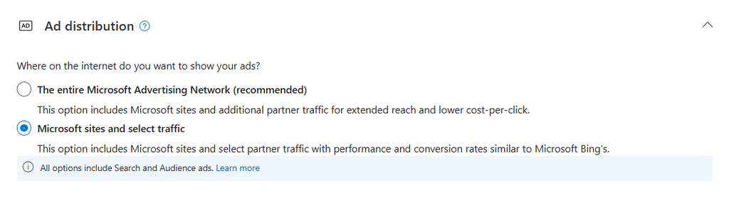 Microsoft Advertising ad distribution set to owned and operated search only.
